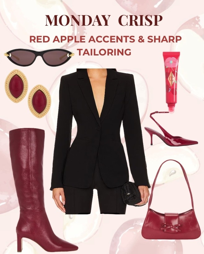 ✨ Monday Crisp: Black tailoring with red-apple accents 🍎 ✨
From burgundy boots to a bow bag, this look makes back-to-work feel like front row. fall work outfit, black blazer outfit, red accents, fall office chic, apple red accessories, tailored fall look.

#LTKSeasonal #LTKFallSale #LTKWorkwear