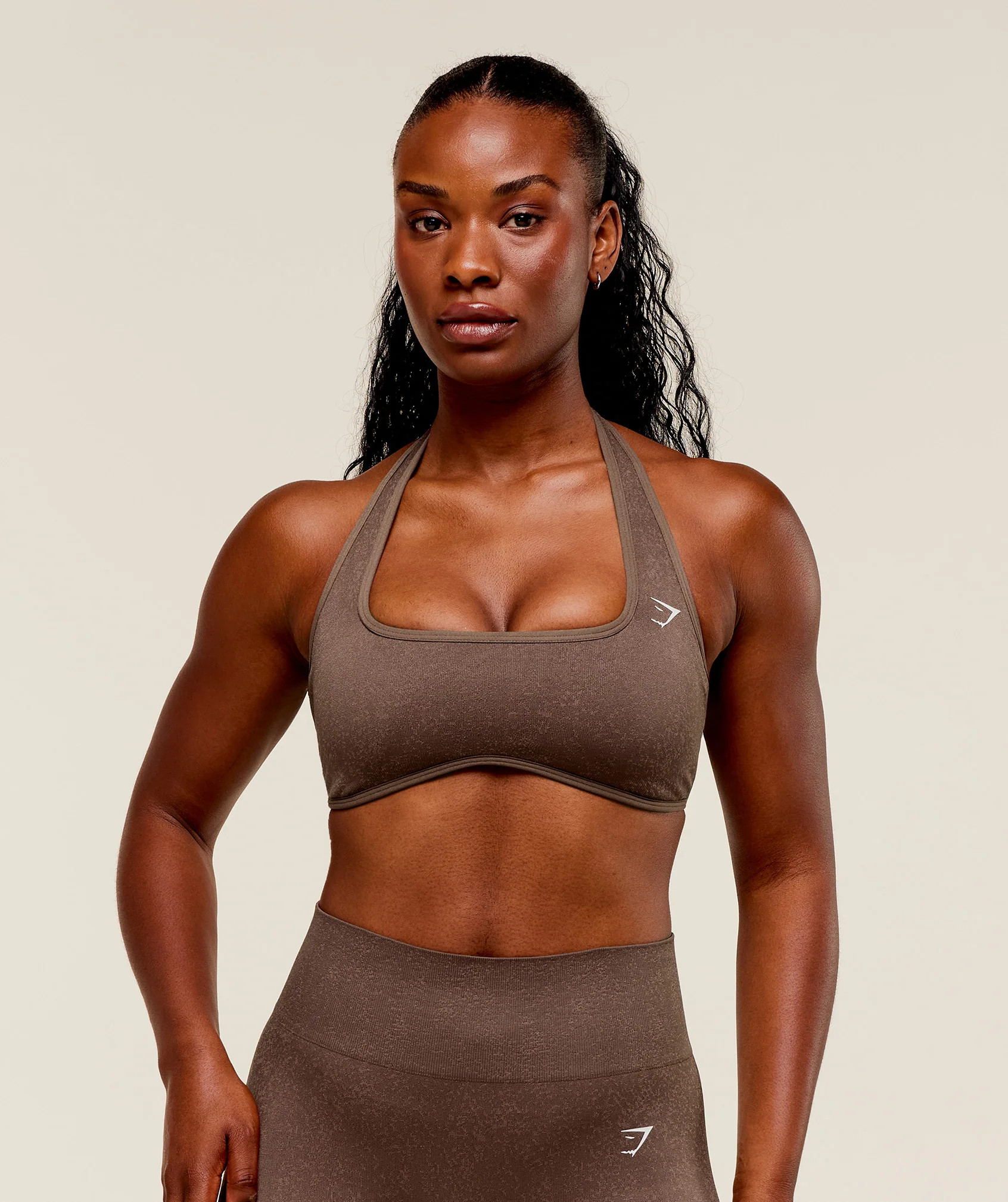 Gymshark Adapt Fleck x Whitney Halterneck Sports Bra - Soft Brown/Chestnut Pink | Gymshark US