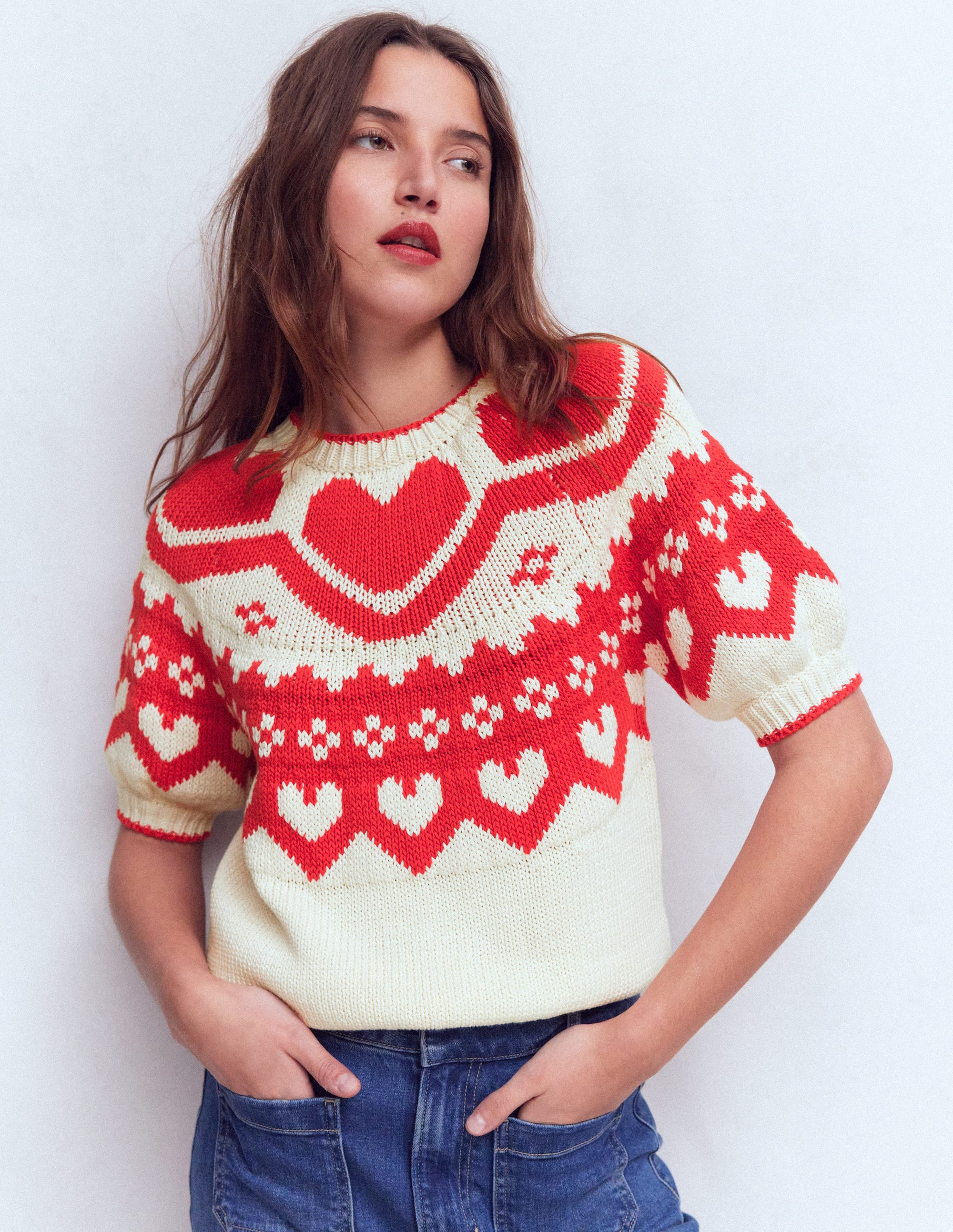 Margot Puff Sleeve T-Shirt-Warm Ivory Hearts | Boden (US)