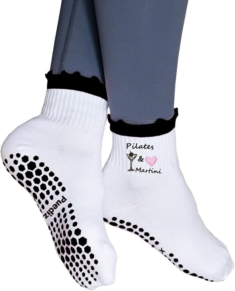 Women Cute Pilates Socks Grip Crew Yoga Socks Ruffle Cuff Embroidery Pattern Workout Ballet Socks | Amazon (US)