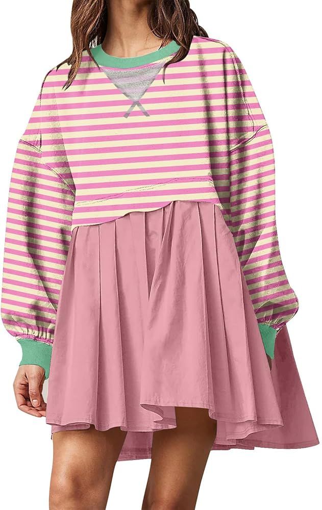 Striped Oversized Sweatshirt Mini Dress for Women,Long Sleeve Crewneck Sweatshirt Pullover Loose ... | Amazon (US)