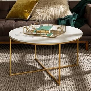 Walker Edison Furniture Company 36 in. White/Gold Medium Round Faux Marble Coffee Table with X-Ba... | The Home Depot