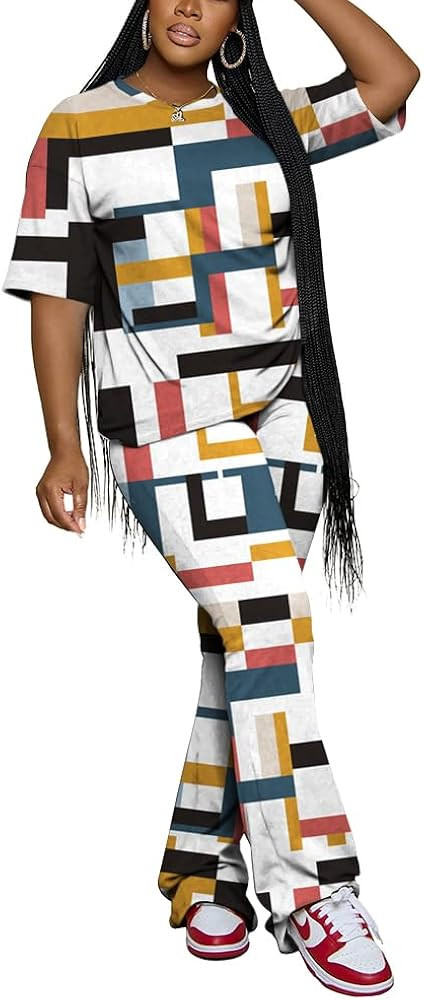 PINSV Women 2 Piece Outfits Short Sleeve Top and Flare Pants Lounge Sets Tracksuit | Amazon (US)