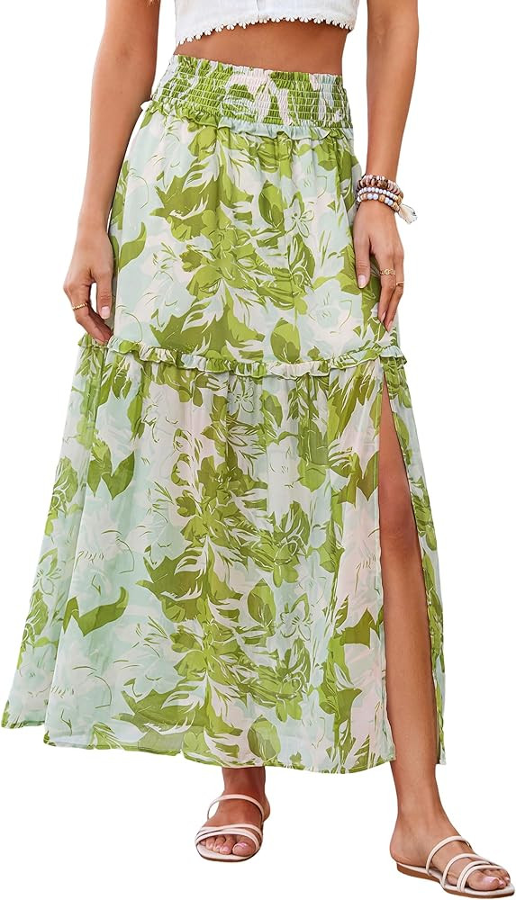 BerryGo Women Boho Floral Maxi Skirts Summer Smocked High Waisted Chiffon Flowy A Line Trendy Lon... | Amazon (US)