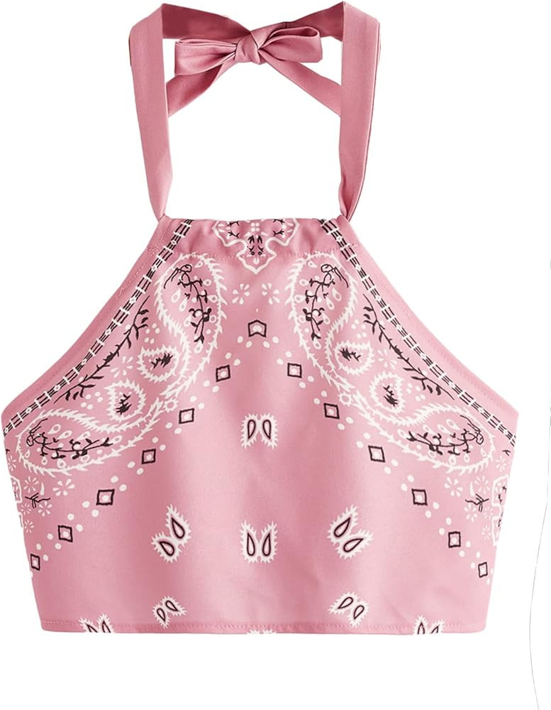 SweatyRocks Women's Vintage Print Halter Neck Crop Top | Amazon (US)