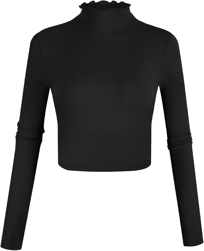 POPZONE Women's Cute Lettuce Trim Mock Neck Long Sleeve Slim Fitted Ribbed Knit Crop Tee Tops | Amazon (US)