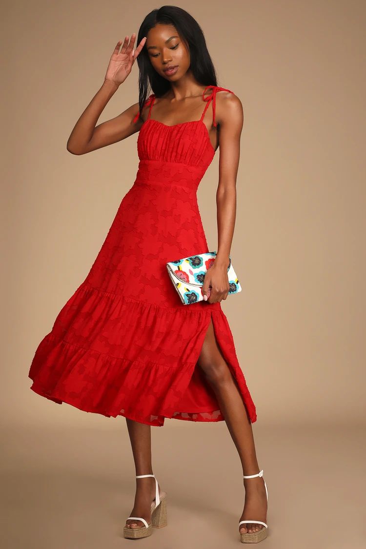 Sweet Sentiments Red Jacquard Tiered Midi Dress | Lulus (US)