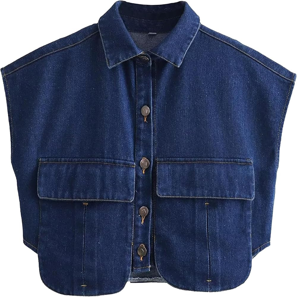 Denim Vest Women Button Down Polo Neck Cropped Loose Sleeveless Shirt Top Jean Jacket Coat with P... | Amazon (US)