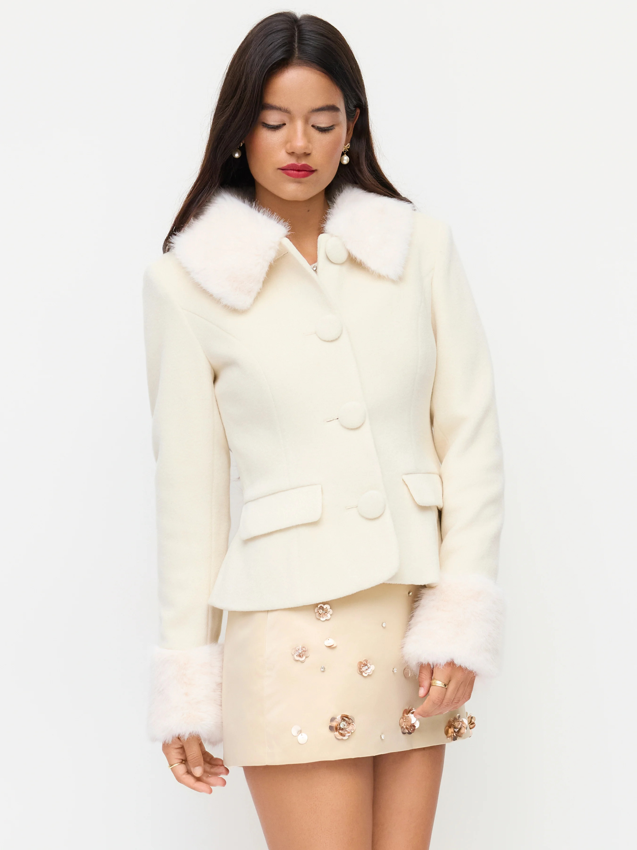Wool-look Collar Faux Fur Trim Long Sleeve Button Jacket | Cider