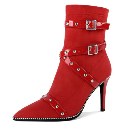 Joseywade Red Ankle Boots Red Booties Women Pointed Toe 3.5 Inch Stiletto High Heel Short Booties Beaded Studded Straps Boots Suede Size 9.5 | Amazon (US)