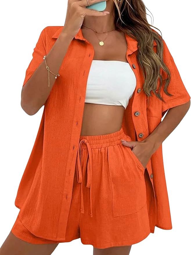 SeekMe Linen Short Sets for Women Short Sleeve Top Shorts 2 Piece Summer Beach Vacation Outfits L... | Amazon (US)