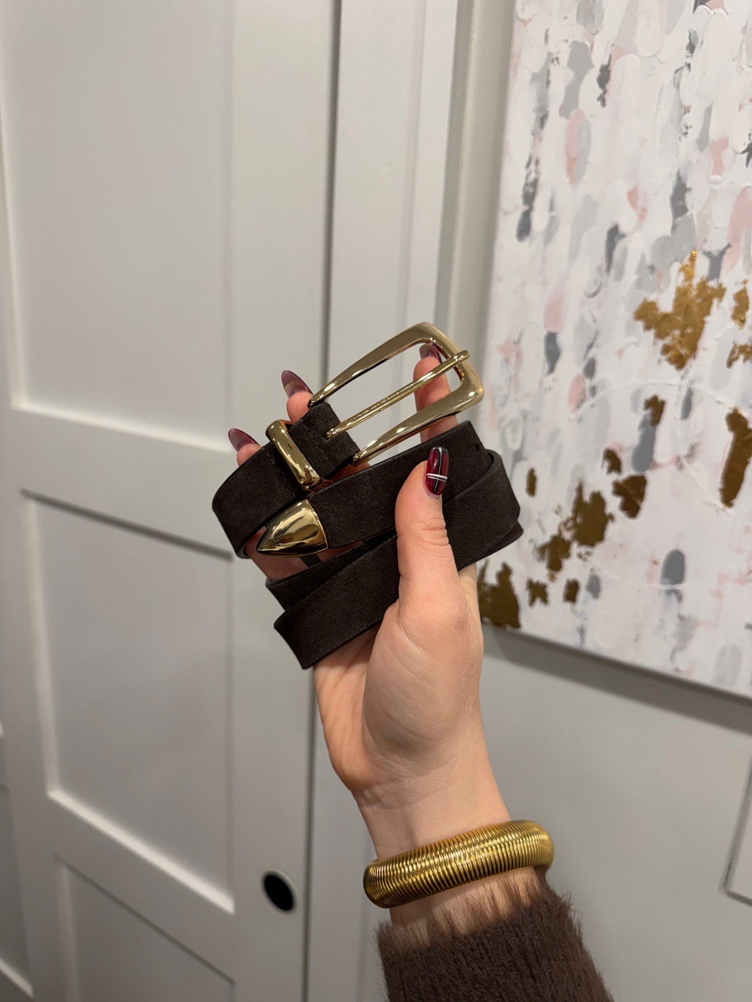 Brown suede belt with gold hardware! Wearing a medium. 

 #LTKGiftGuide #LTKOver40 #LTKMidsize