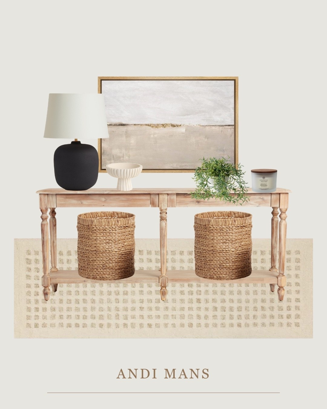 A more traditional organic console table look for your home. This bold black table lamp, stylish rug runner and beautiful oversized lightly coastal wallart.

#LTKHome #LTKSaleAlert #LTKSeasonal