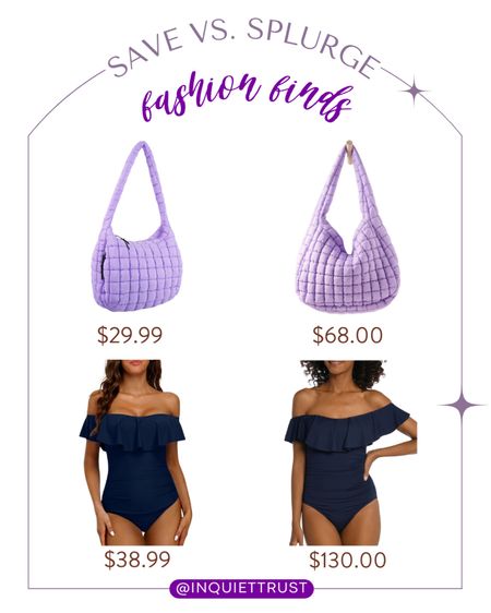 Here are some affordable alternatives to this trending quilted bag and navy one-piece swimsuit!
#savevssplurge #lookforless #springfashion #affordablefinds

#LTKswim #LTKSeasonal #LTKitbag