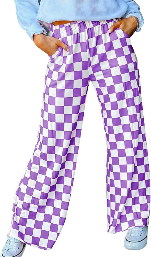 Womens Checkered Pants Y2K Pajama Pants Elastic Waist Wide Leg Lounge Pants Comfy Pj Bottoms with... | Amazon (US)