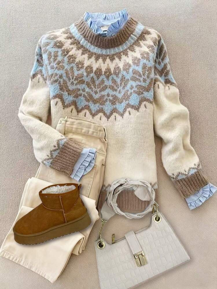 Women's Fall And Winter Casual Loose Fair Isle Pattern Hundred Round Neck Long Sleeve Woolen Pull... | SHEIN