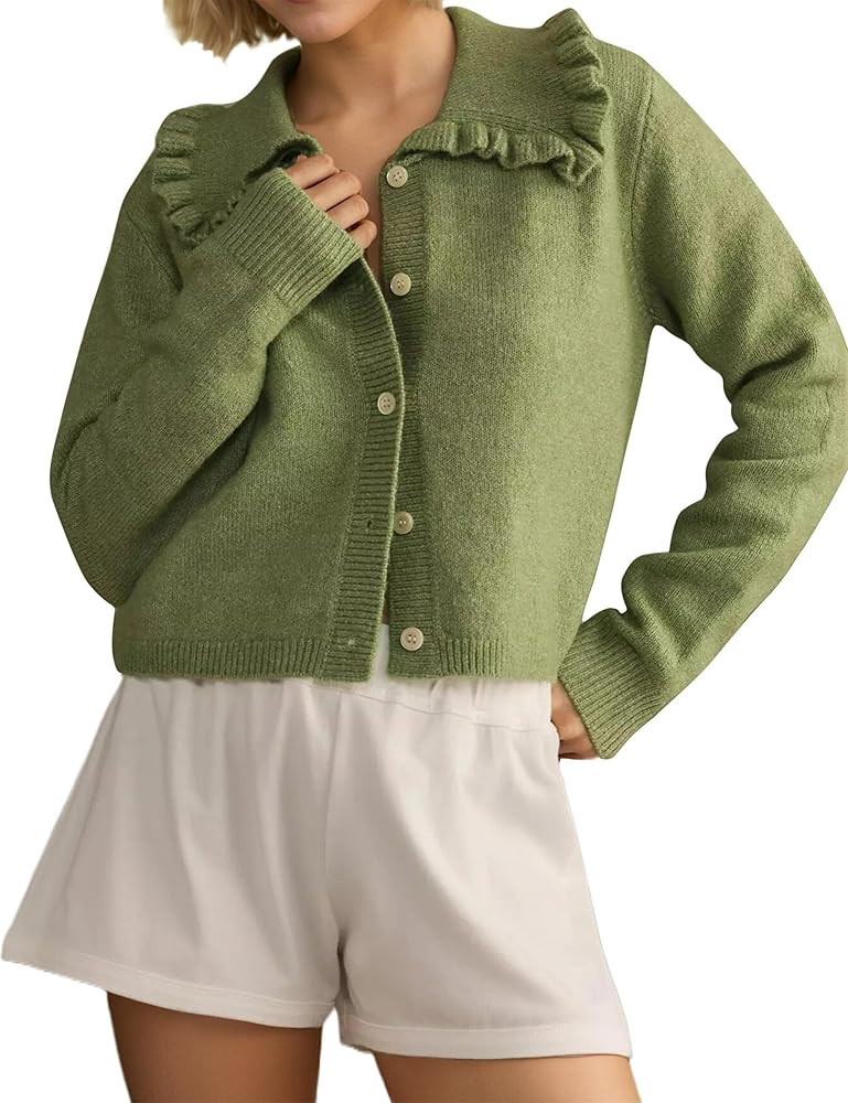 Women's Lapel Knitted Long Sleeve Cropped Cardigan Button Ruffle Collar Sweaters Trendy Fall Wint... | Amazon (US)