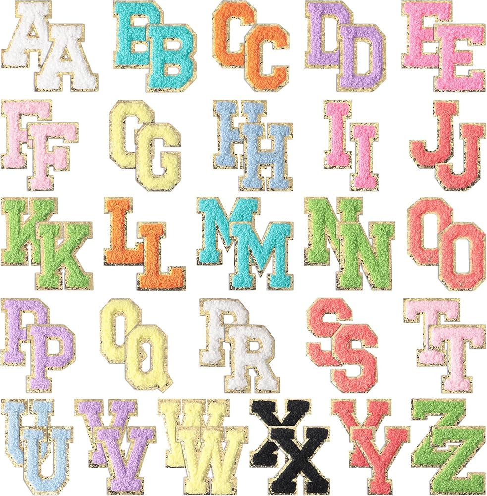 52 Pieces Chenille Letter Patches A-Z Iron on Patches Gold Glitter Border Repair Embroidered Patc... | Amazon (US)