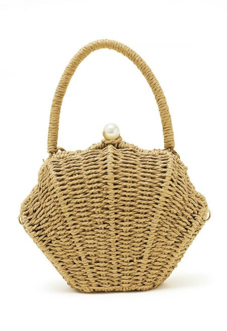 Pearl Decor Shell Shape Woven Straw Bag in Camel for Beach Outings & Garden Parties | Chicwish