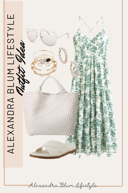 Casual spring outfit idea from Abercrombie with this maxi green floral dress! Perfect outfit for beach vacations, wedding guest dress, and spring outfits! Church outfit! Amazon accessories like this woven white tote bag, white slide sandals, gold multi pack bracelets, clear sunglasses, and huggie hoop earrings! 

#LTKitbag #LTKstyletip #LTKfindsunder100