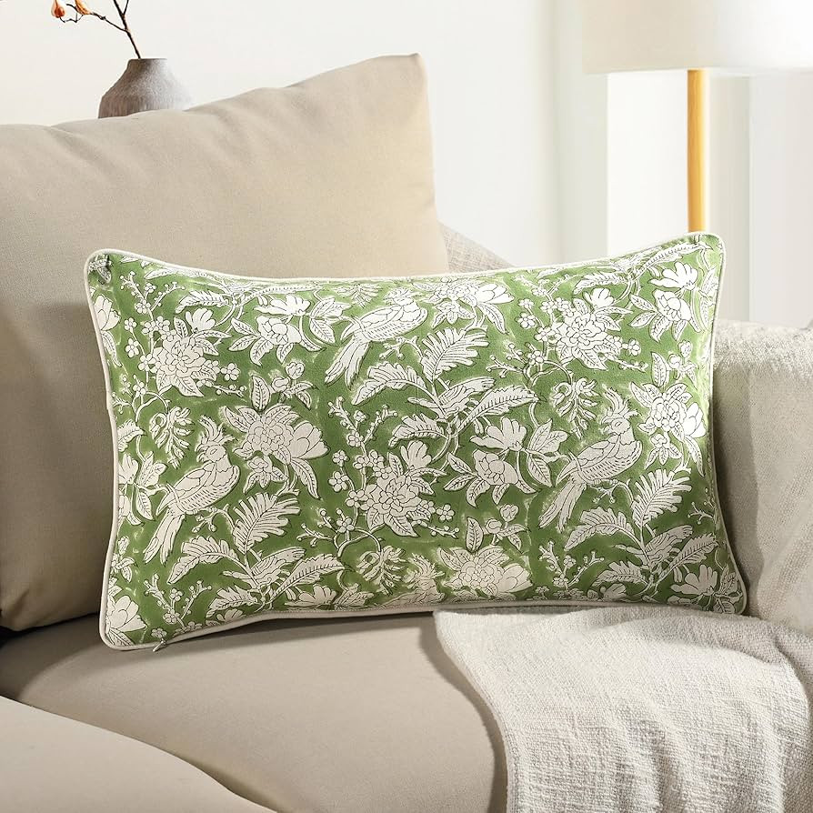 CPC Olive Green 100% Cotton Block Print Sham Cover 12x20 inch, Handmade Boho Floral Pillowcase, F... | Amazon (US)