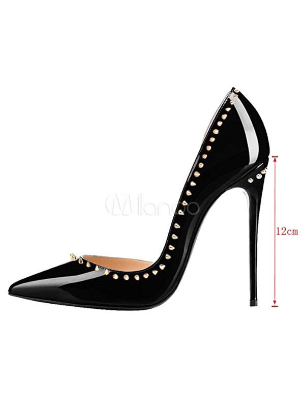 Pointed Toe Heels Women's Black Stiletto Rivets Studded Slip On Sky High Heel Pump Shoes | Milanoo