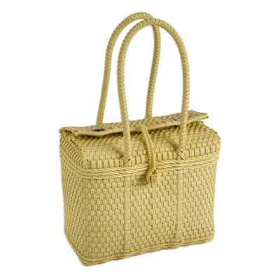 Handwoven Tote in Golden Beige from Mexico | NOVICA