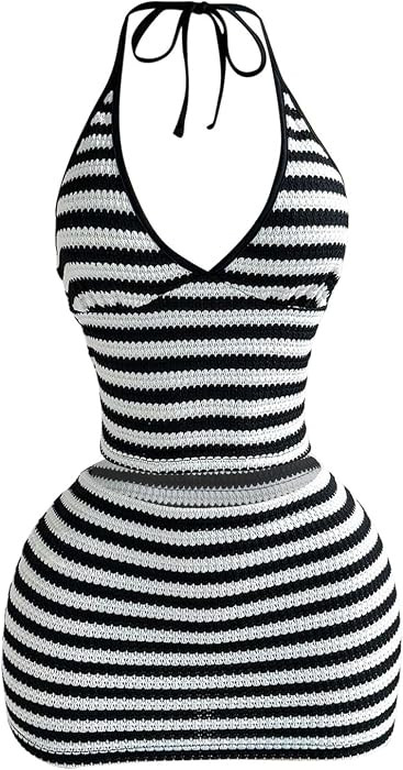 GORGLITTER Women's Crochet Vacation 2 Piece Skirts Set Striped Halter Tops and Mini Skirts Cute S... | Amazon (US)