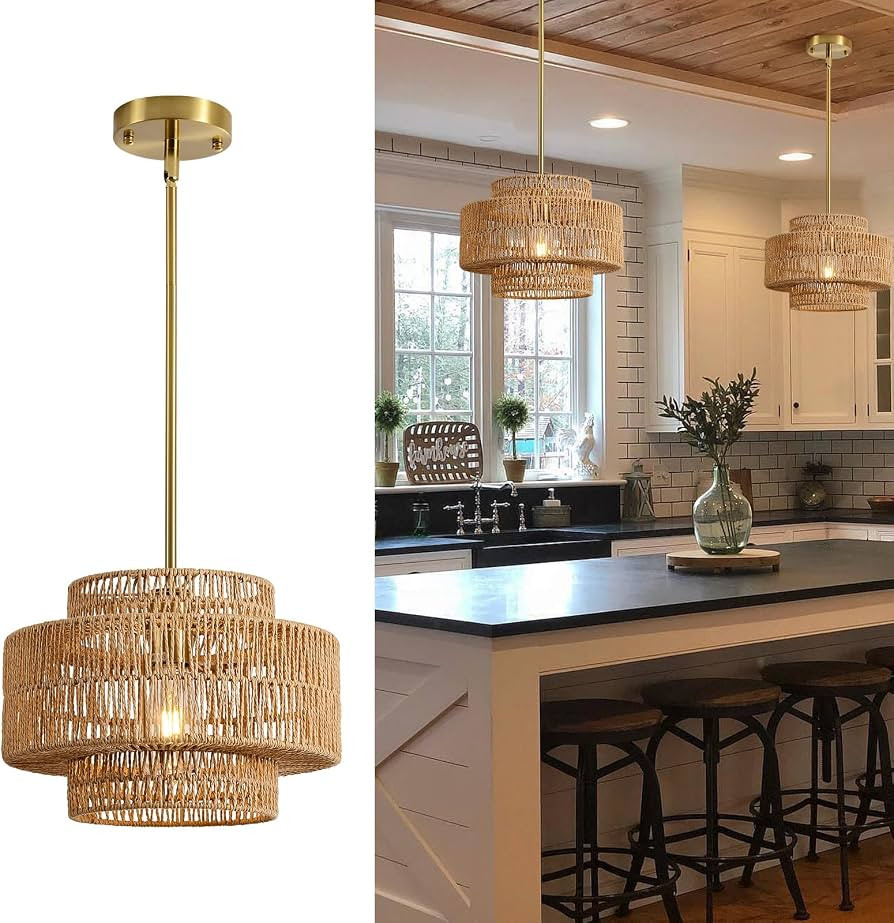 12.4” Boho Rattan Chandelier Light Fixture, 1-Light Hand Woven Pendant Light Fixture Farmhouse ... | Amazon (US)