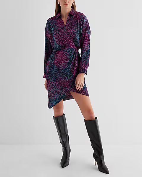 Printed V-Neck Surplice Asymmetrical Mini Portofino Shirt Dress | Express