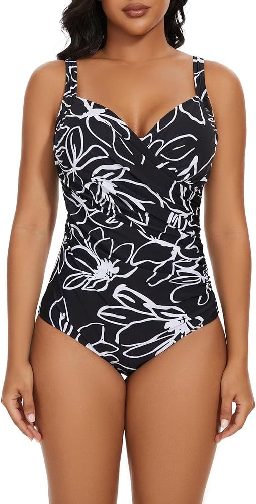 Plus Size Swimsuit for Women One Piece Bathing Suit Ruched Tummy Control Adjustable Swimwear | Amazon (US)
