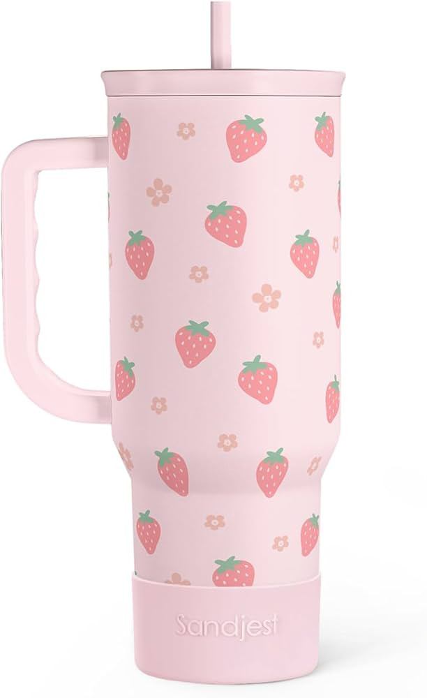 SANDJEST Strawberry Tumbler with Handle 40oz – Insulated Stainless Steel Travel Coffee Mug Cup ... | Amazon (US)
