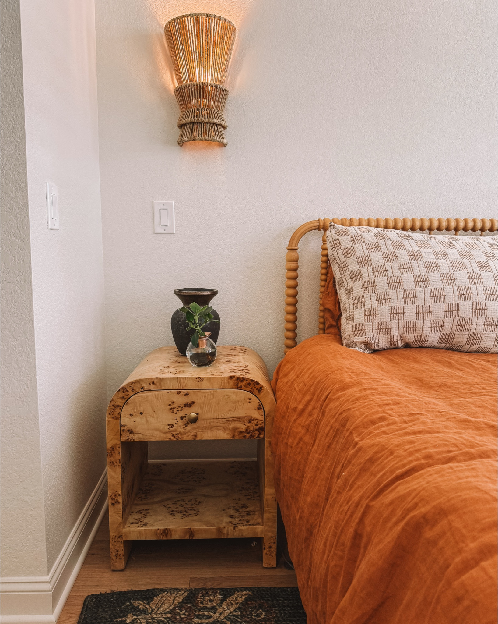 Beach house bedroom details 

Found the cutest burl nightstand to go with the sconses

#LTKHome