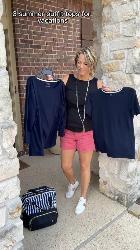 3 Shirts for Summer Outfits, My newest one for 2024 travel was the 3/4 length sleeve shirt. I have 3 of the sleeveless version. And the short sleeve top drapes all of my vacation outfits beautifully. I even have 2 long sleeves. ✈️ Travel Tip: I use a color scheme of blue for summer outfits and black for winter ones.
#traveltips #summeroutfit #vacationoutfits #traveloutfits 

#LTKStyleTip #LTKTravel #LTKShoeCrush