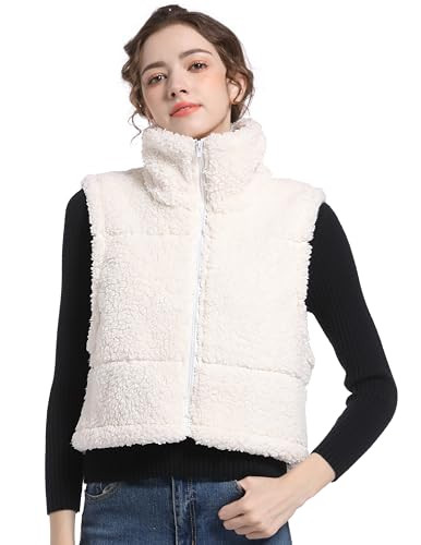 V VOCNI Womens Sherpa Fleece Vest Fuzzy Crop Vest Casual Sleeveless Jacket Zipper Waistcoat Outwear Beige Small | Amazon (US)