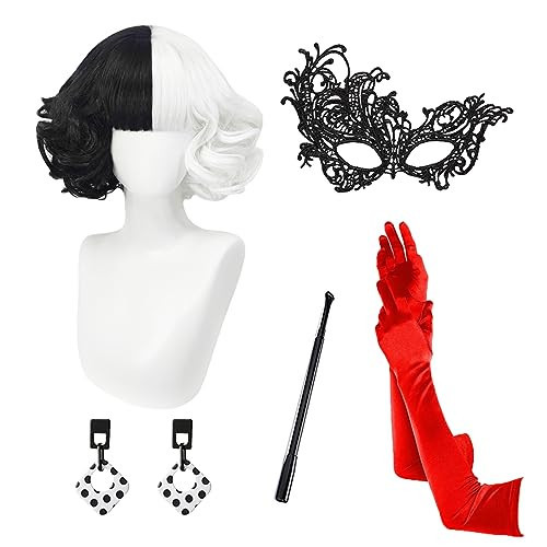 shecool Cruella Deville Wig Black White Wigs for Cruella Deville Costume Women Girls Short Curly Wavy Wig with Gloves Mask Earrings SL026BW | Amazon (US)