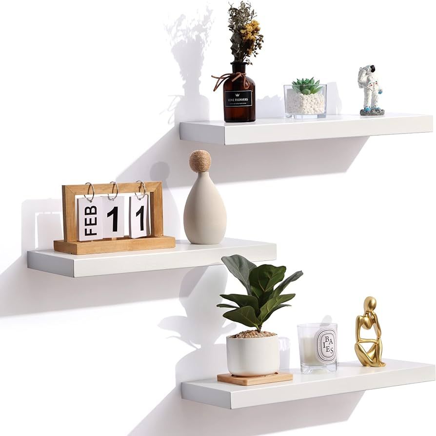 White Floating Shelves for Wall, Wooden Shelves for Wall Set of 3, Modern White Shelves for Bedro... | Amazon (US)