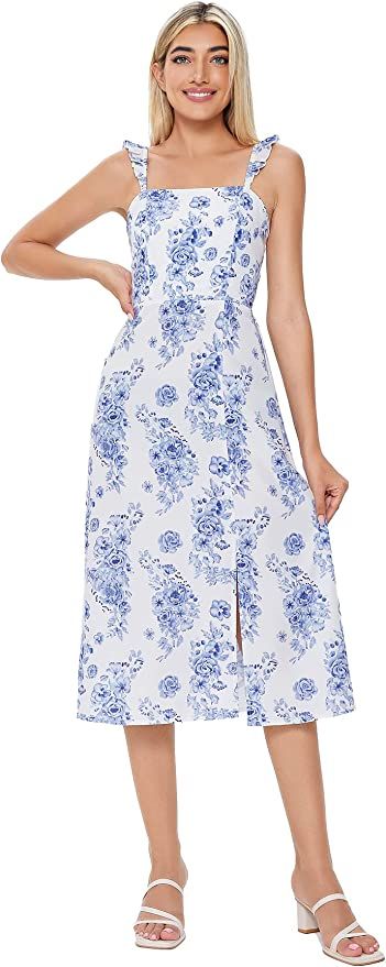 SOLY HUX Womens Floral Midi Dress Square Neck Summer Boho Dresses Fitted Sundress with Slit | Amazon (US)