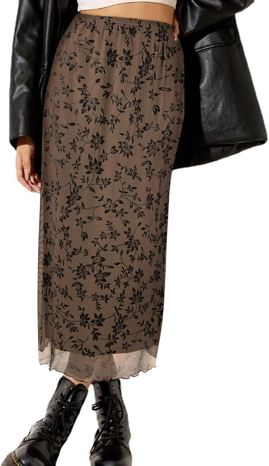 Avanova Women Mesh Floral Boho Midi Skirt High Waist Long Skirt | Amazon (US)