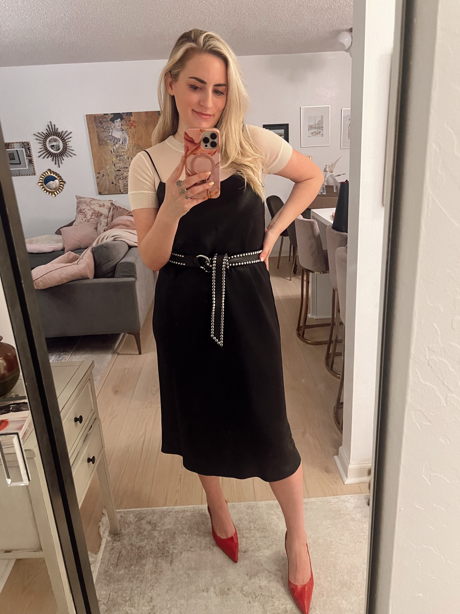 Slip dress | red stilettos | skims nude bodysuit | black belt