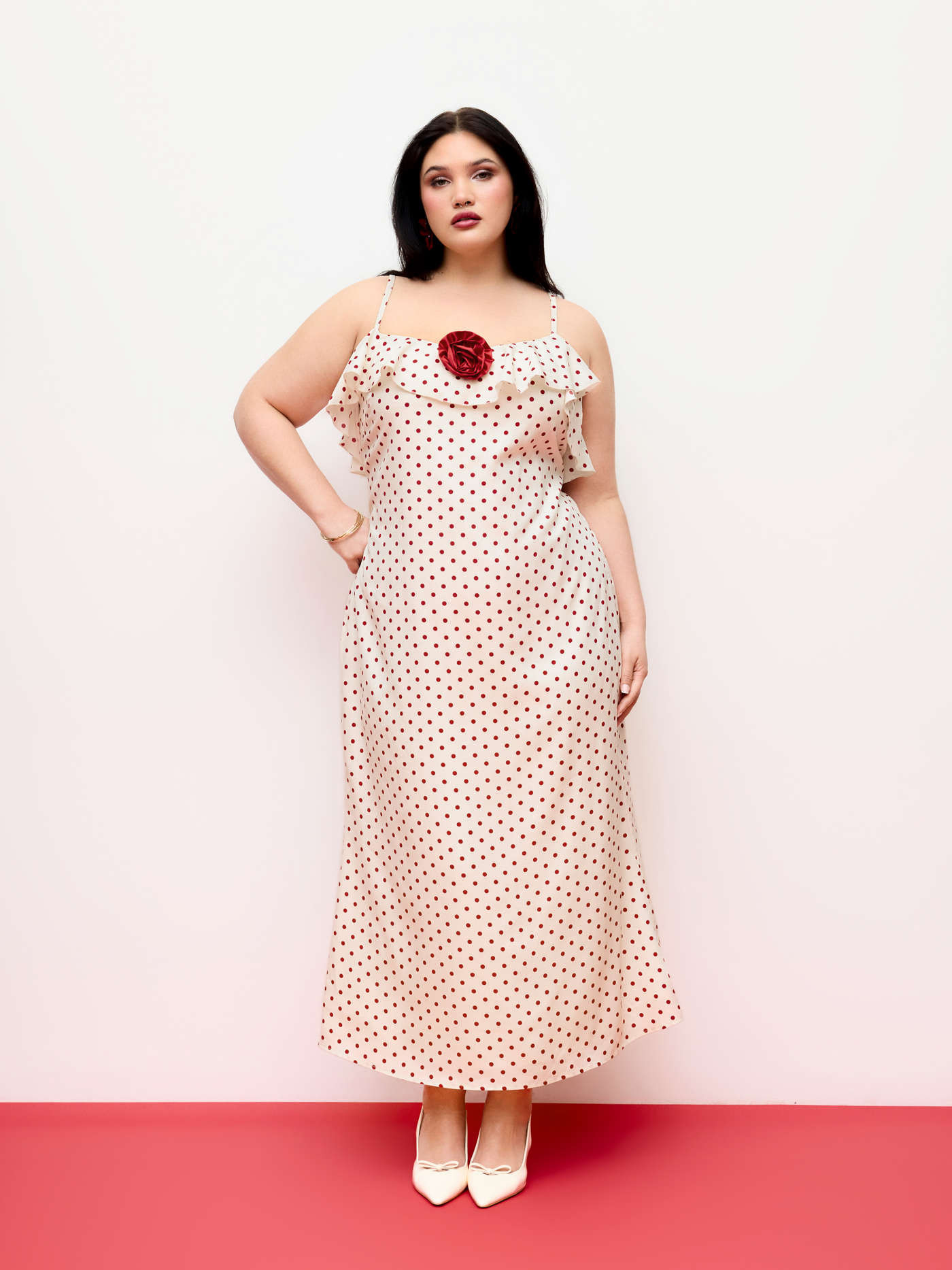 Satin Polka Dot V-Neck Ruffle Maxi Dress Curve & Plus | Cider