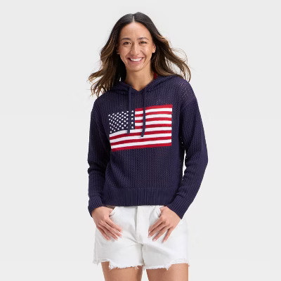 Women's Open Stitch Hooded Pullover Sweater - Universal Thread™ Navy Blue Flag L | Target
