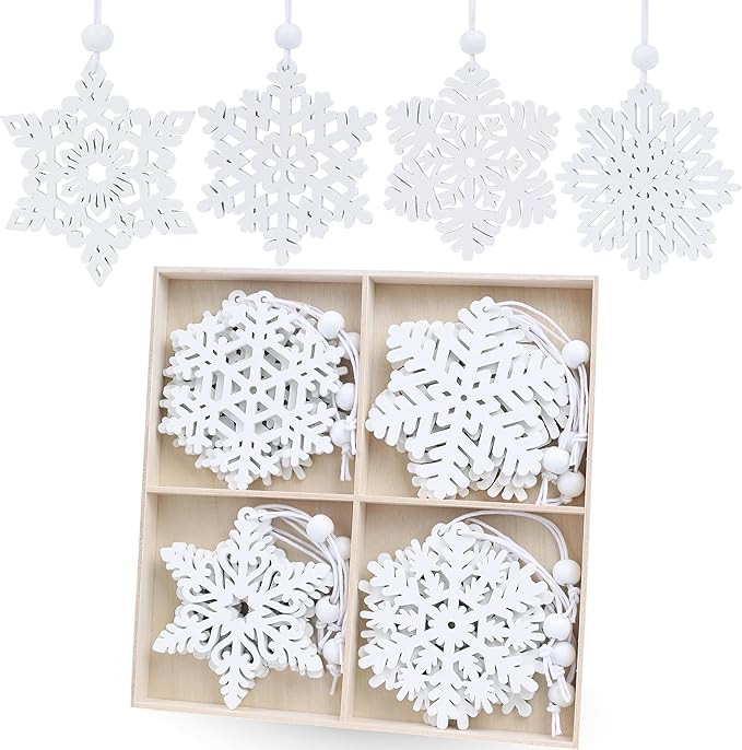 16 Pieces White Snowflakes Ornaments 3inch Wooden Snowflake Christmas Ornament for Winter Home Tr... | Amazon (US)