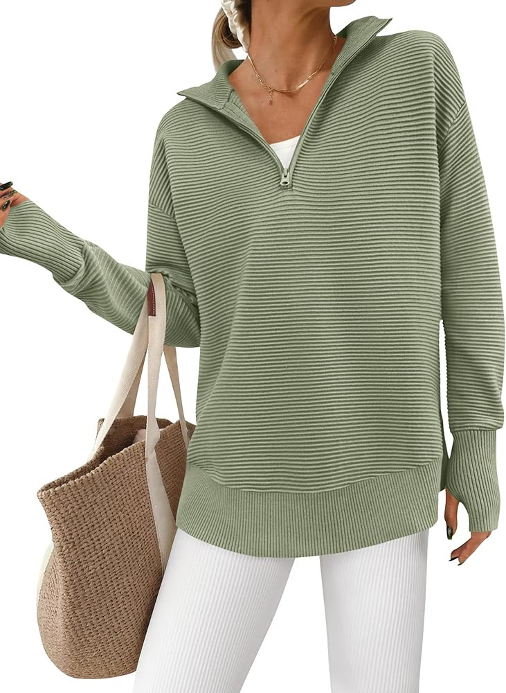 PRETTYGARDEN Womens Long Sleeve Quarter Zip Pullover Sweater Casual Loose V Neck Collared Ribbed ... | Amazon (US)