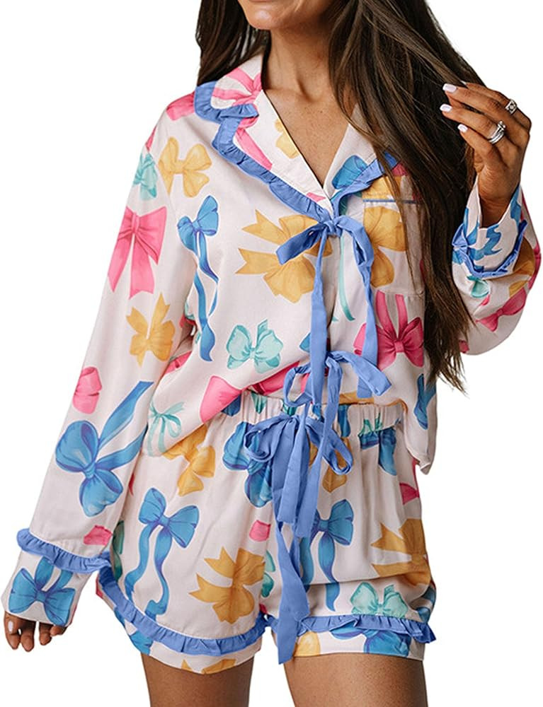 Womens 2 Piece Cute Bow Tie Front Pajamas Y2k Floral Silk Satin Ruffle Pjs Puff Sleeve Coquette L... | Amazon (US)