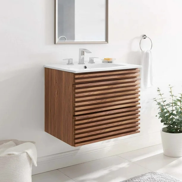 Modway Render 24" Wall-Mount Bathroom Vanity in Walnut White - Walmart.com | Walmart (US)