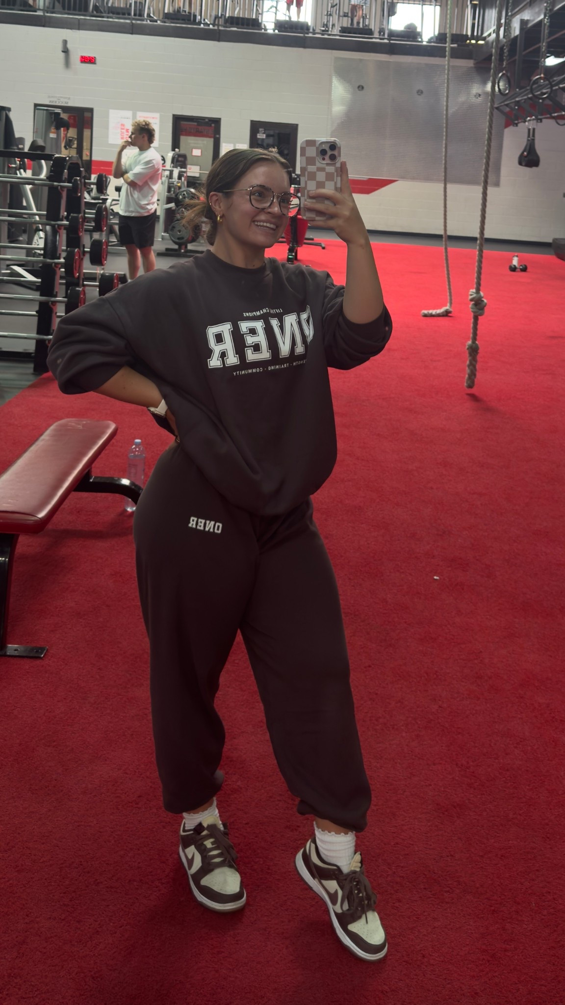 wearing L in sweatshirt + sweatpants and medium in under shirt 🤎

#oneractive #gymfit #ootd #outfitinspo #gymootd 

#LTKMidsize #LTKActive #LTKStyleTip