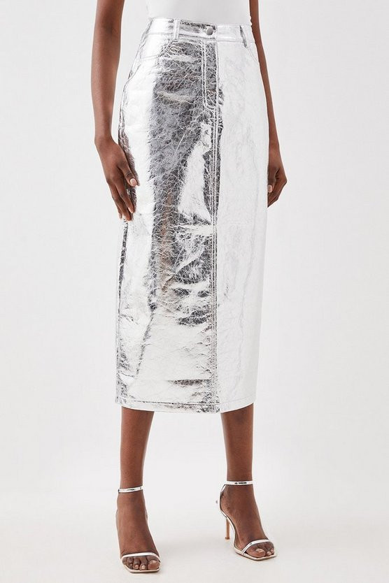 Metallic Faux Leather Midi Skirt | Karen Millen UK + IE + DE + NL
