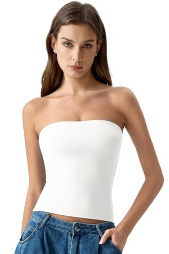 QINSEN Women's Tube Tops Double Lined Slim Fit Strapless Bandeau Top Summer Going Out Tank Tops White XS | Amazon (US)