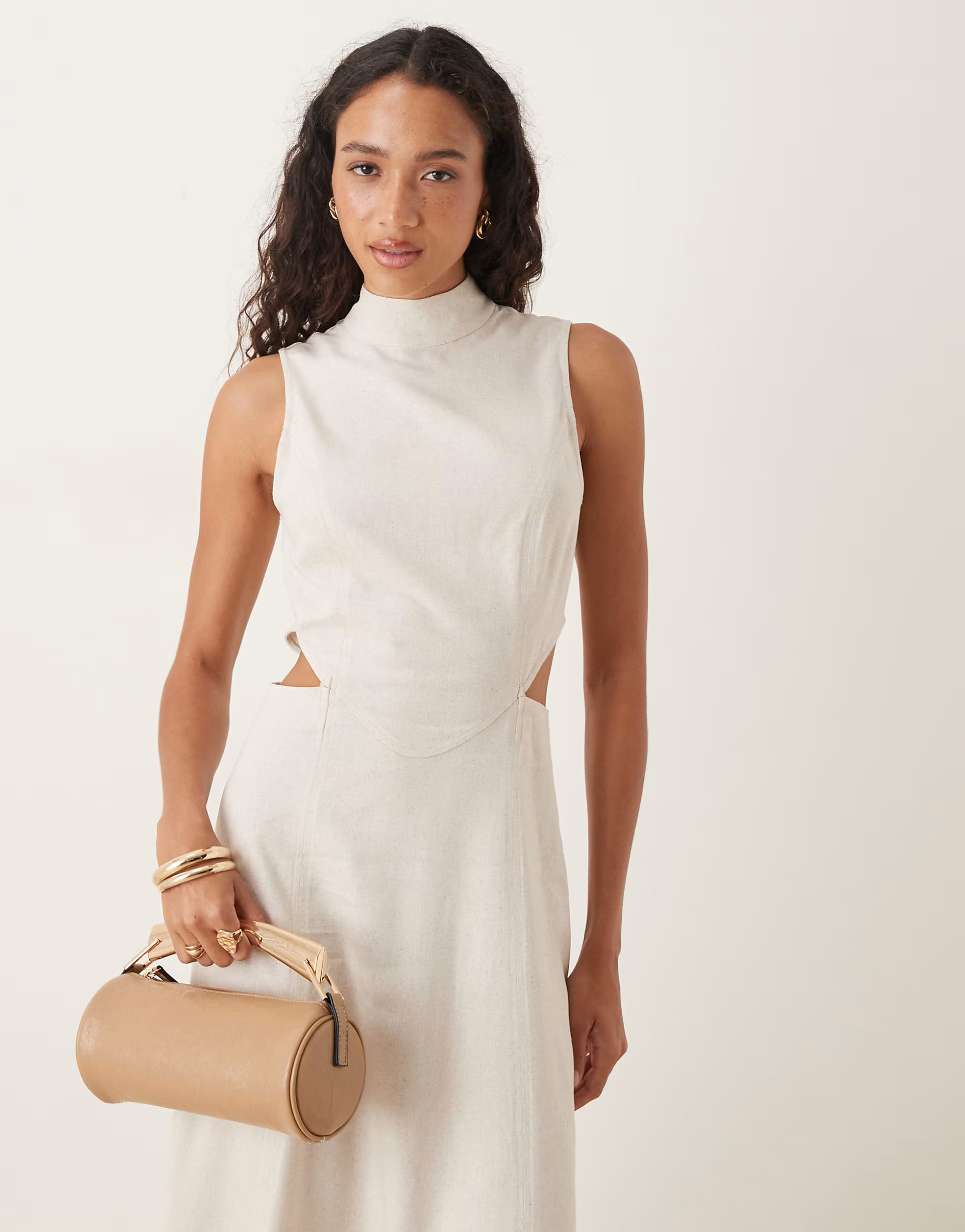 ASOS DESIGN high neck linen midaxi dress with cutout waist in oatmeal | ASOS | ASOS (Global)